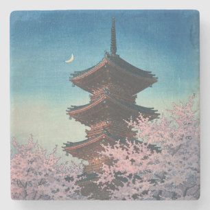 Vintage japanischer Holzschnitt Pagode am Frühling Steinuntersetzer