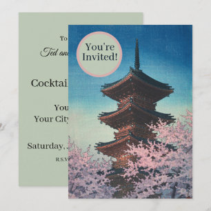 Vintage japanischer Holzschnitt Pagode an einem Fr Einladung