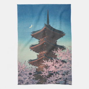 Vintage japanischer Holzschnitt Pagode an einem Fr Geschirrtuch