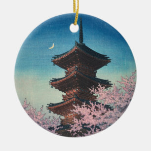 Vintage japanischer Holzschnitt Pagode an einem Fr Keramik Ornament