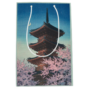 Vintage japanischer Holzschnitt Pagode an einem Fr Mittlere Geschenktüte