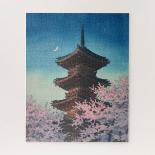 Vintage japanischer Holzschnitt Pagode an einem Fr Puzzle