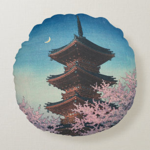 Vintage japanischer Holzschnitt Pagode an einem Fr Rundes Kissen