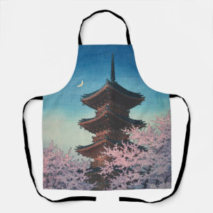 Vintage japanischer Holzschnitt Pagode an einem Fr Schürze