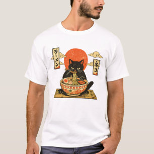 Vintage japanischer Holzschnitt Schwarze Katze Ram T-Shirt