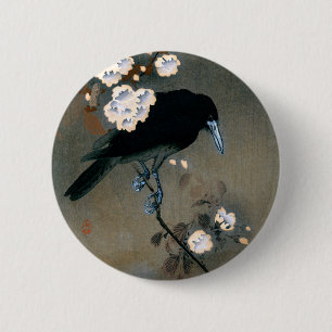 Vintage japanischer Krähen- und Blüten-Holzschnitt Button