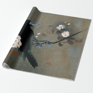 Vintage japanischer Krähen- und Blüten-Holzschnitt Geschenkpapier