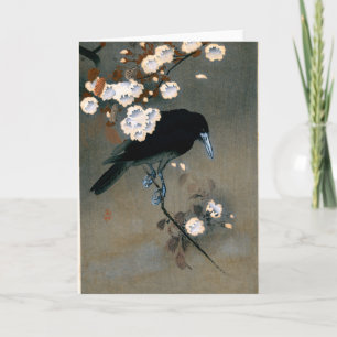Vintage japanischer Krähen- und Blüten-Holzschnitt Karte