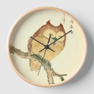 Vintage japanischer Kunstdruck Eule auf einem As Wanduhr