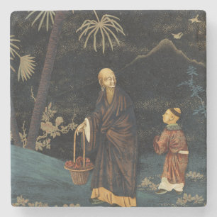 Vintage Japanischer Mönch und Kind G.A. Audsley Steinuntersetzer
