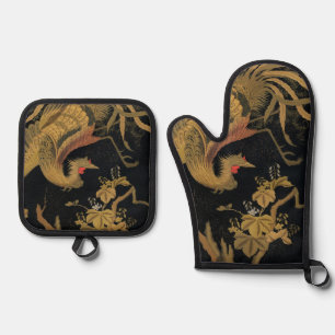 Vintage Japanischer Phoenix Gold Black Bird Ofenhandschuh & Topflappen-Set