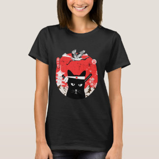 Vintage japanischer Samurai schwarze Katze T-Shirt
