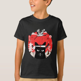 Vintage japanischer Samurai-Schwarzkater T-Shirt