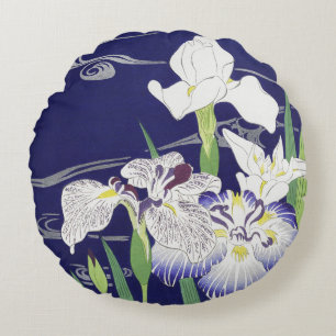Vintage Japanischer Schwertlilien-Kunstdruck Kogyo Rundes Kissen