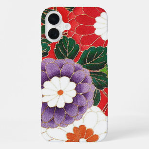 Vintage-Japanischer Stoff - Rote Dahlien iPhone 16 Plus Hülle
