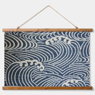 Vintage-japanischer Stoff, Wellenmuster Wandteppich Mit Holzrahmen