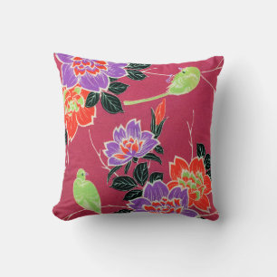 Vintage japanischer Vogel und Blume Kissen