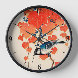 Vintage japanischer Vogel und herbstliche Weinrebe Uhr