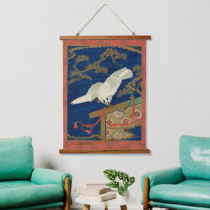 Vintage Japanischer Weißer Falke Art G.A. Audsley Wandteppich Mit Holzrahmen