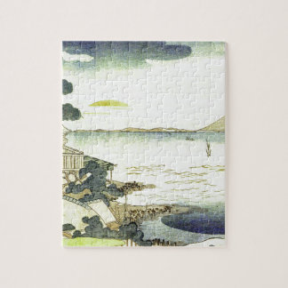 Vintage japanisches Dorf am Meer Holzschnitt Kunst Puzzle