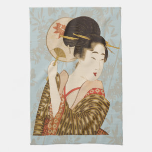Vintage japanisches Geisha-Mädchen im Kimono mit F Geschirrtuch