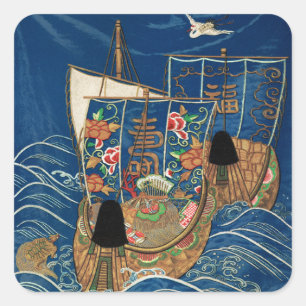 Vintage Japanisches Glücksschatzschiff G.A. Audsle Quadratischer Aufkleber