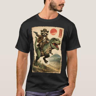 Vintage-Japanisches-Kunst-Waschbär-Reitet-T-Rex-T- T-Shirt