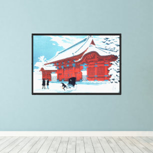 Vintage japanisches rotes Tor in winterlichem Schn Leinwanddruck