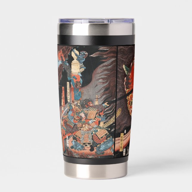 Vintage-japanisches Triptychon: Samurai vs. Oni-Kö Thermobecher (Vorderseite)