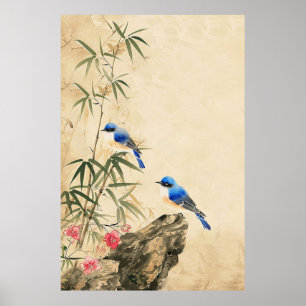 Vintage Japanisches Vogel Blüten Poster