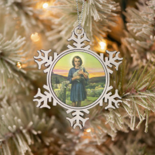 Vintage Jesus Christus der Hirte mit Baby-Lamm Schneeflocken Zinn-Ornament