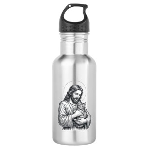 Vintage Jesus hält Katzen Gravur Grafik_1 Edelstahlflasche