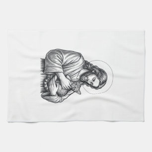 Vintage Jesus hält Katzen Gravur Grafik_1 Geschirrtuch