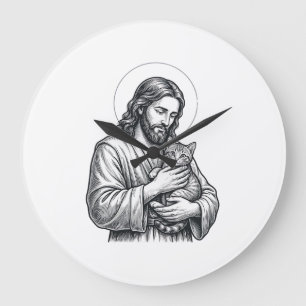 Vintage Jesus hält Katzen Gravur Grafik_1 Große Wanduhr