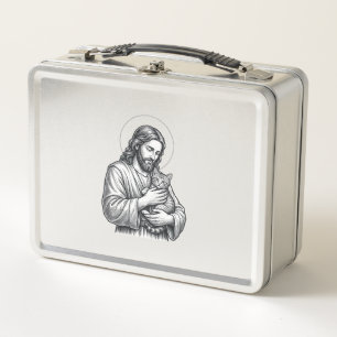 Vintage Jesus hält Katzen Gravur Grafik_1 Metall Brotdose