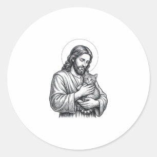 Vintage Jesus hält Katzen Gravur Grafik_1 Runder Aufkleber