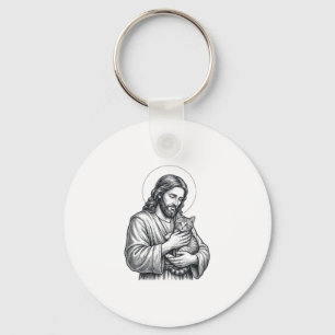 Vintage Jesus hält Katzen Gravur Grafik_1 Schlüsselanhänger
