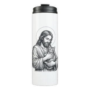 Vintage Jesus hält Katzen Gravur Grafik_1 Thermosbecher