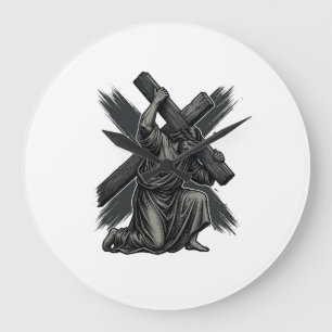 Vintage-Jesus-Tragekreuz-christliche-Vektor-Art Große Wanduhr