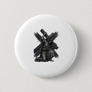 Vintage Jesus trägt das Kreuz christliche Vektorgr Button