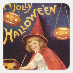Vintage Jolly Halloween Hexe von Ellen Clapsaddle Quadratischer Aufkleber