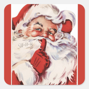 Vintage Jolly Old Santa Shhh Red Square Aufkleber