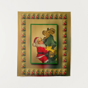 Vintage Jolly Santa auf dem Weihnachtsbaum, Gold, Wandteppich