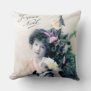 Vintage Joyeux Noël mit Mädchen und Puppe Kissen