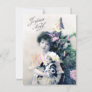 Vintage Joyeux Noël mit Mädchen und Puppe Postkarte