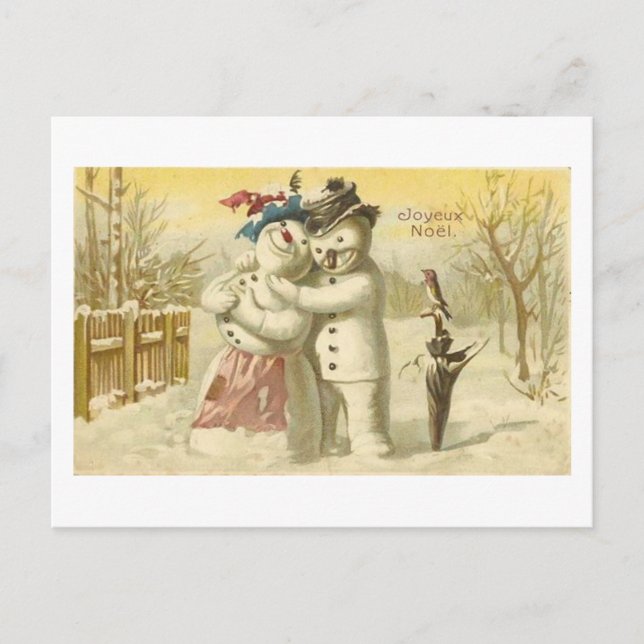Vintage Joyeux Weihnachten Snowman & Woman Card (Vorderseite)