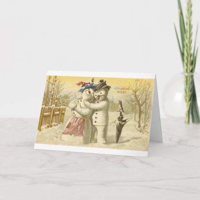 Vintage Joyeux Weihnachten Snowman & Woman Card (Vorderseite)
