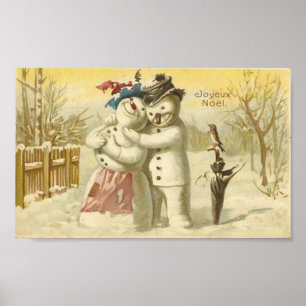 Vintage Joyeux Weihnachten Snowman & Woman Card Poster