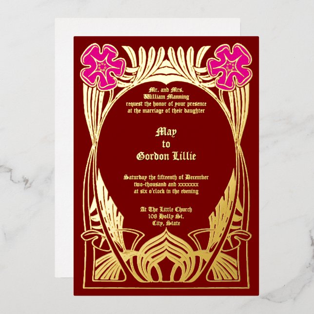 Vintage Jugendstil-Blume-Foliage Folieneinladung (Vorderseite/Rückseite)