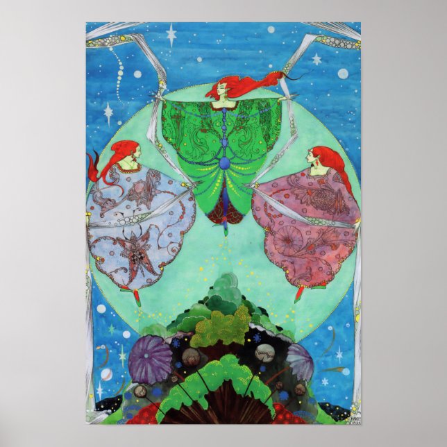 Vintage Jugendstil-Fairies tanzen im Mondlicht Poster (Vorne)